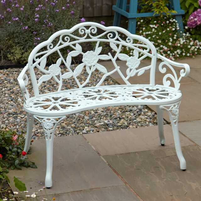 Cast Aluminium Garden Bench Metal Frame 2 Seater Patio Chair Outdoor Seating White