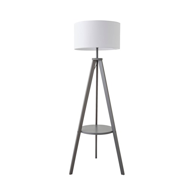ValueLights Morrigan White Shade Grey Wood Tripod Floor Lamp and Bulb