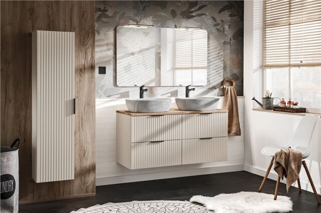 Double Vanity Unit with Basins 1200mm Bathroom Beige Sink Cabinet Fluted Drawer Oak Effect Countertop Wall Mounted Adel