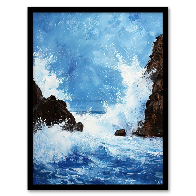 Waves Crashing Rocks Sea Spray Home Decor Black Framed Wall Art Print A4