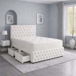 6FT Superking White Plush Velvet Divan Bed With Headboard & Footboard and Memory Sprung Mattress 4 Drawers