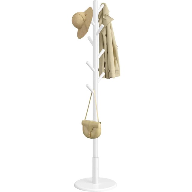Solid Wood Coat Rack Stand with 8 Hooks, Freestanding Hall Tree for Coats, Hats and Bags, Cloud White