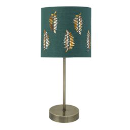 Antique Brass Stick Table Lamp with Dark Green Fern Cut Out Shade