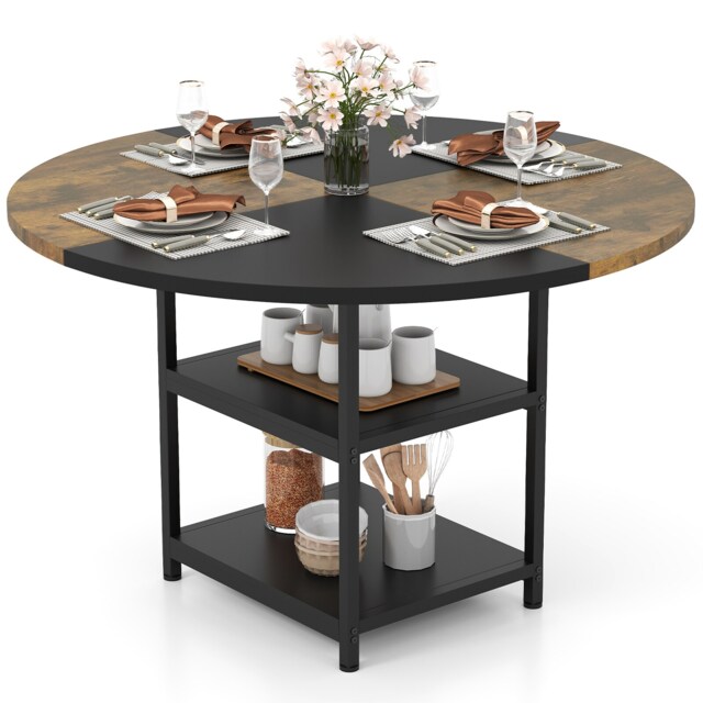 COSTWAY 120 cm Round Wooden Kitchen Table Dining Table for 4 People Black