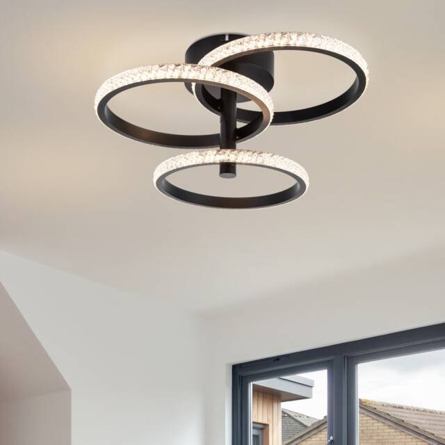 COSYLYTE Cowan 3 Ring Integrated LED Modern Beaded Ceiling Light - Matt Black Black 1