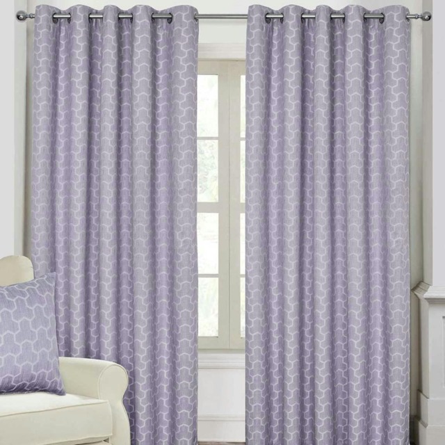 Homescapes Lilac Geometric Jacquard Blackout Eyelet Curtain Pair - 90 x 72 Inches Purple Lilac