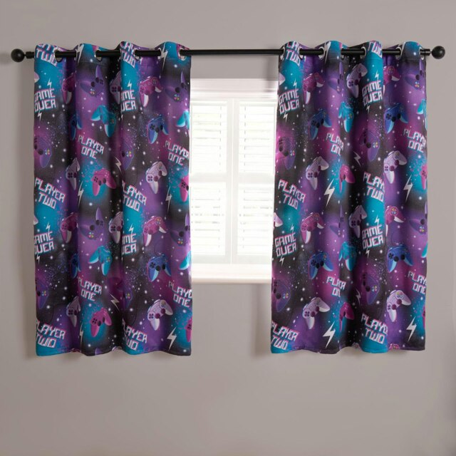 "OHS Kids Gaming Blackout Eyelet Curtains Ring Top Ready Made Panel Pair, 46x54"" Purple Neon Purple"