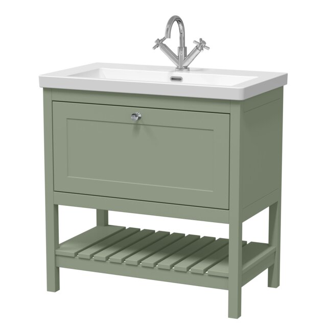 Balterley Coppenhall Contemporary 1 Drawer Floor Standing Vanity Unit with Fireclay Basin, Fern Green, 800mm