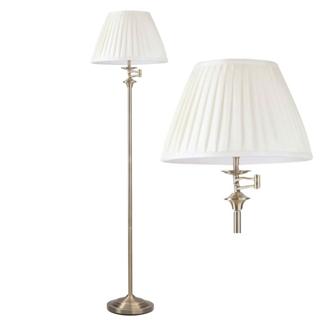 First Choice Lighting Antique Brass Swing Arm Floor Lamp with White Pleated Shade Bronze White Small
