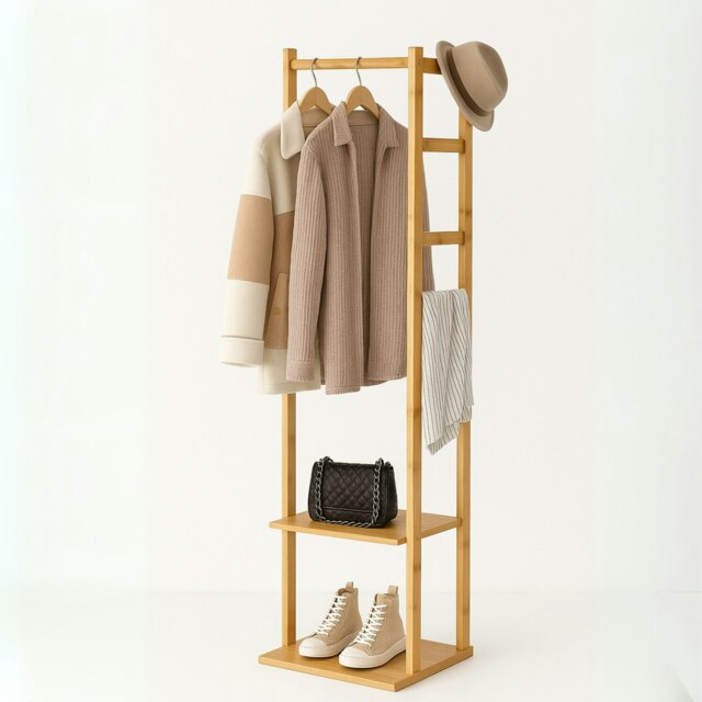 Narrow Wooden Clothes Rail With 2 Shelves Brown One Size