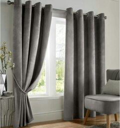 Velvet Blackout Eyelet Curtains - Silver 167 cm x 182 cm Silver