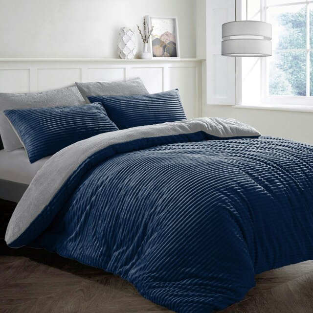 Velosso Plush Corduroy Teddy Fluffy and Warm Fleece Duvet Cover Set Blue Navy Double