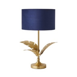 ValueLights Christina Gold Palm Leaf Table Lamp Navy Blue Velvet Gold Shade