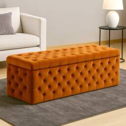 120cm Wide Lux Ottoman Storage Box, Burnt Orange Velvet Upholstered Chesterfield Storage Ottoman Box