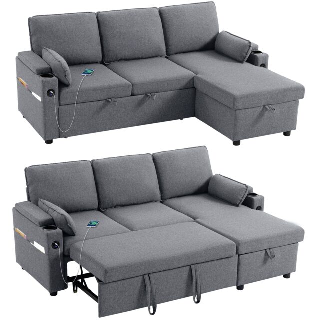 HOMCOM Corner Sofa Bed, L Shaped Sofa with Storage Chaise, USB Ports Grey Grey 205W x 136.5D x 85H cm