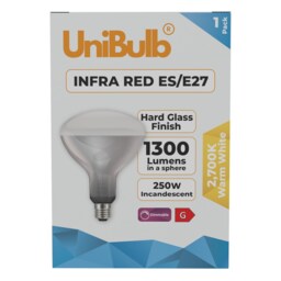 UniBulb Infra-Red Heater Lamp Light Bulb E27 1300lm 250W 2700K - Pack of 1 Clear Infra Red 1