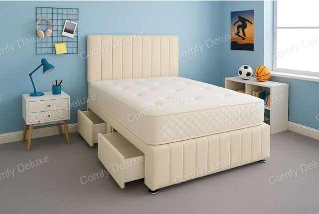 Cream Plush 2ft6 Small Single Divan Bed Set Headboard & Footboard - 2 Drawers Left Side Laying in Bed