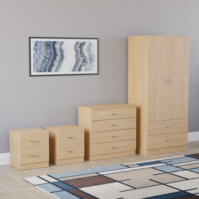 Vida Designs Riano 4 Piece Bedroom Set (2x 2 Drawer Bedside Chest, 4 Drawer Chest, 2 Door 2 Drawer Wardrobe) - Pine