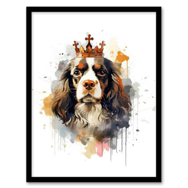 King Charles Spaniel Crown Dog Lovers Gift Black Framed Wall Art Print A4