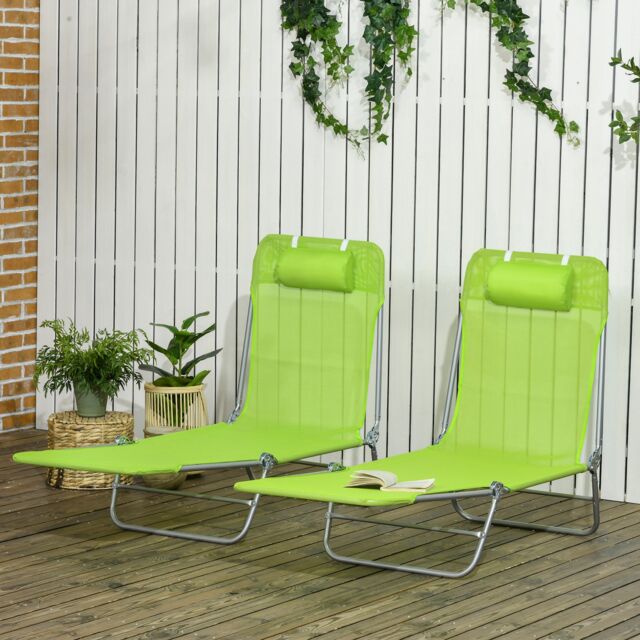 Outsunny 2 Pieces Sun Loungers Foldable Reclining Chair with Headrest Green Green