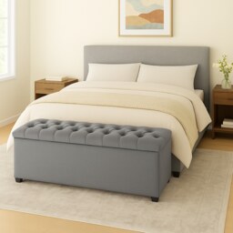 180cm Chesterfield Plush Velvet Grey Upholstered Storage Ottoman Bench - Deep Tufted Lid & Wooden Leg