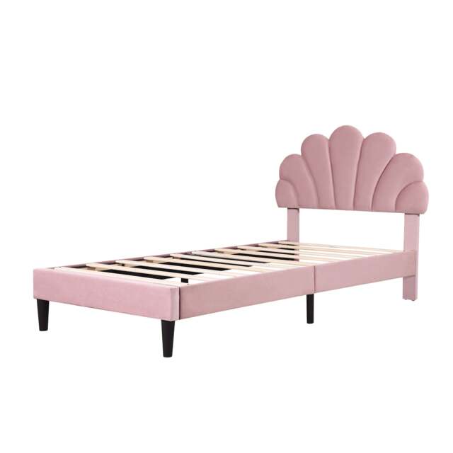 Abrihome 3ft Single Upholstered Velvet Bed Frame, with Adjustable Chic Petal Headboard, Velvet Platform Bed Frame with Solid Wood Slat, No Box Spring Needed, Pink