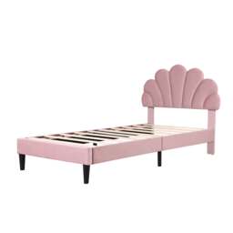 Abrihome 3ft Single Upholstered Velvet Bed Frame, with Adjustable Chic Petal Headboard, Velvet Platform Bed Frame with Solid Wood Slat, No Box Spring Needed, Pink