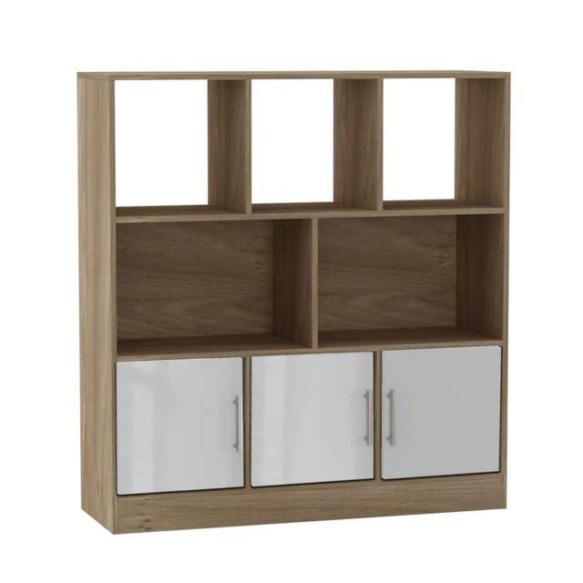 Asymmetrical 8 Cube Oak Freestanding Bookcase Shelf Storage Unit with 3 Doors White Gloss Doors - White 1