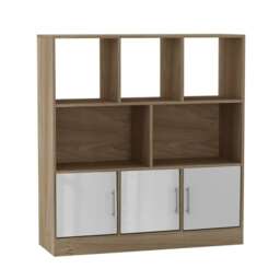 Asymmetrical 8 Cube Oak Freestanding Bookcase Shelf Storage Unit with 3 Doors White Gloss Doors - White 1