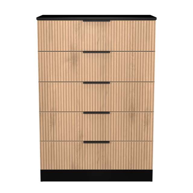 Crete 5 Drawer Chest of Drawers in Slatted Effect & Black (Ready Assembled) Black Slatted Effect / Black