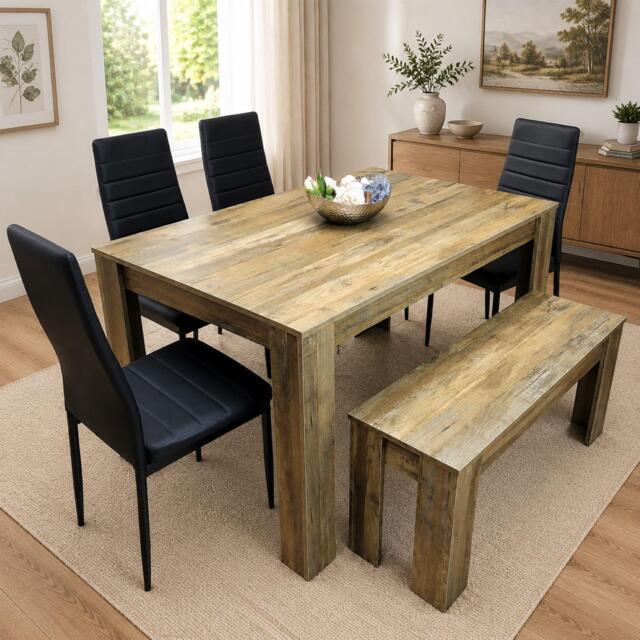 Wooden Dining Table Set for 6 - Rustic Effect Table With 4 Black Chairs and 1 Bench Dining Room Furniture