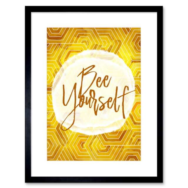 "Bee Be Yourself Modern Honeycomb Design 9x7"" Black Framed Wall Art Print"