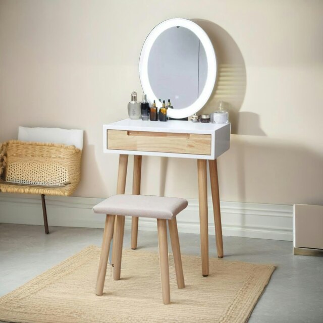 Vanity Dressing Table With Mirror And Cushioned Stool White White