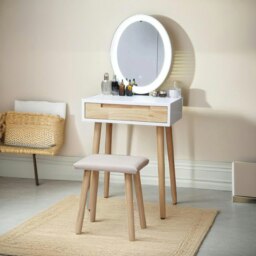 Vanity Dressing Table With Mirror And Cushioned Stool White White