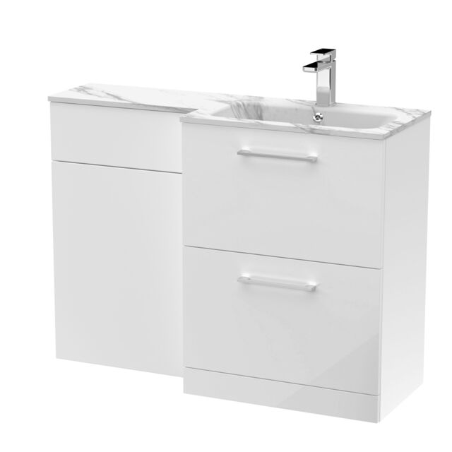 Balterley Bramshall Contemporary Floor Standing 2 Drawer Vanity Basin WC Combination Unit, Carrera Marble Stone Basin, Right Hand, 1100mm, Gloss White