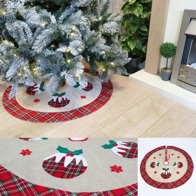 Christmas Tree Skirt Snowflakes Printed Pattern Burlap Hessian Linen Xmas Tree Base Cover Floor Mat 4 pcs
