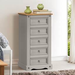 Mercers Furniture Corona Grey Wax 5 Drawer Narrow Chest Solid Wood Pine Wooden Bedroom with Mexican Styling