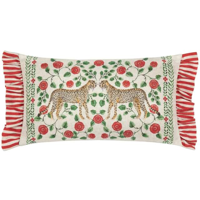 Wylder Tropics Okara Leopards Printed Ruffle Linen/Red Filled Cushion 30 x 50 cm Multi