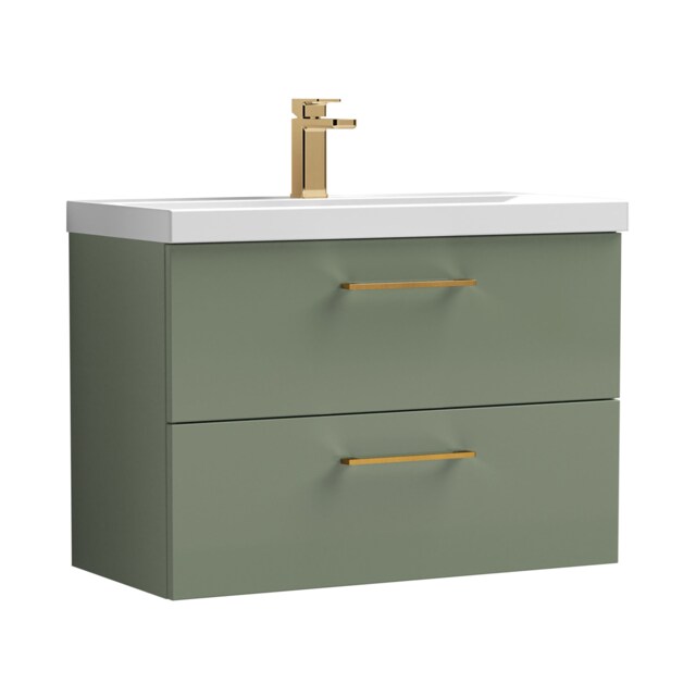 Balterley Wall Hung Bathroom 2 Drawer Vanity Unit and 1 Tap Hole Ceramic Basin, with Handles Green