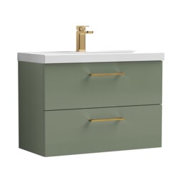 Balterley Wall Hung Bathroom 2 Drawer Vanity Unit and 1 Tap Hole Ceramic Basin, with Handles Green