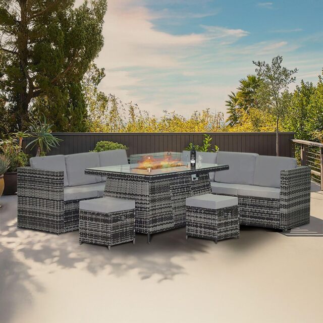 Alivio 8-Seater Rattan Garden Furniture Set, Luxury PE Rattan Sofa with Gas Fire Pit Table & Cushions Grey