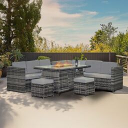 Alivio 8-Seater Rattan Garden Furniture Set, Luxury PE Rattan Sofa with Gas Fire Pit Table & Cushions Grey