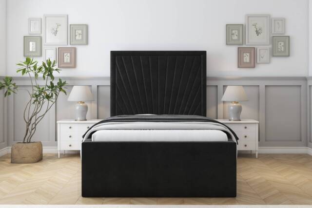 "Sloomy Somerset Black Plush Bed Frame With Mattress With 50"" Upholstered Headboard 4' Small Double"