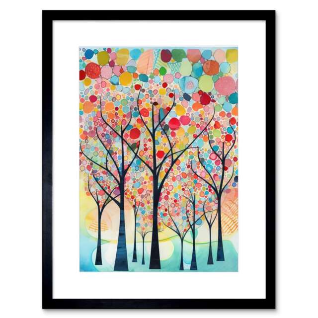 "Colourful Trees Blooming Spring Folk Art Watercolour 9x7"" Black Framed Wall Art Print"