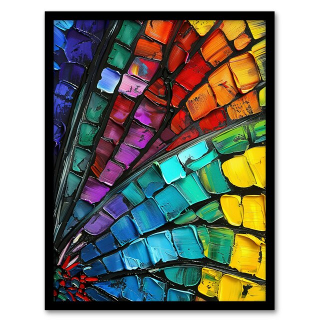 Dragonfly Wing Close Up Colourful Oil Living Room Black Framed Wall Art Print A4