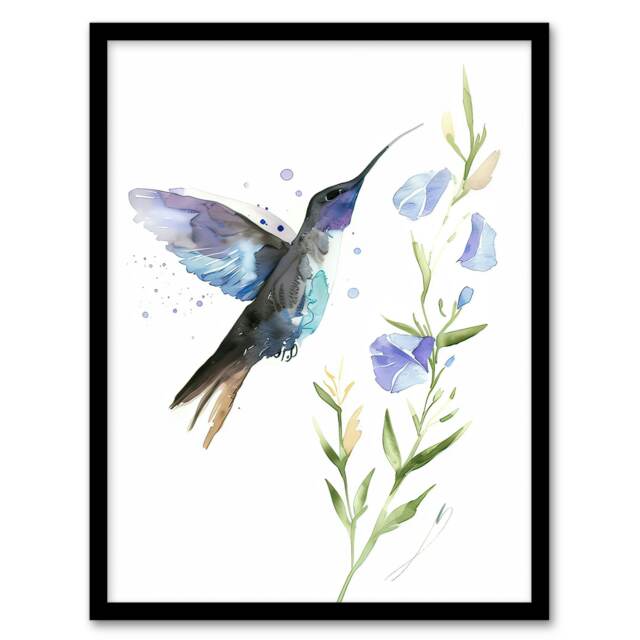 Elegant Hummingbird with Wildflower Watercolour Black Framed Wall Art Print A4