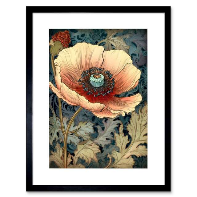 "William Morris Style Peach Anemone Flower 9x7"" Black Framed Wall Art Print"