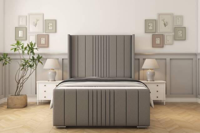 "Sloomy Hargrave Pewter Dumfries Bed Frame With Mattress With 50"" Upholstered Wingback Headboard 6' Super King"