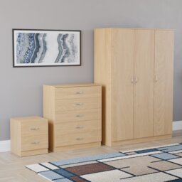 Vida Designs Riano 3 Piece Bedroom Set (2 Drawer Bedside Chest, 5 Drawer Chest, 3 Door Wardrobe) - Pine