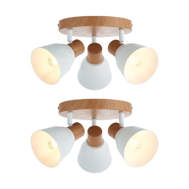 Set of 2 Lorel - Matt White & Wood Detail 3 Way Ceiling Spotlights